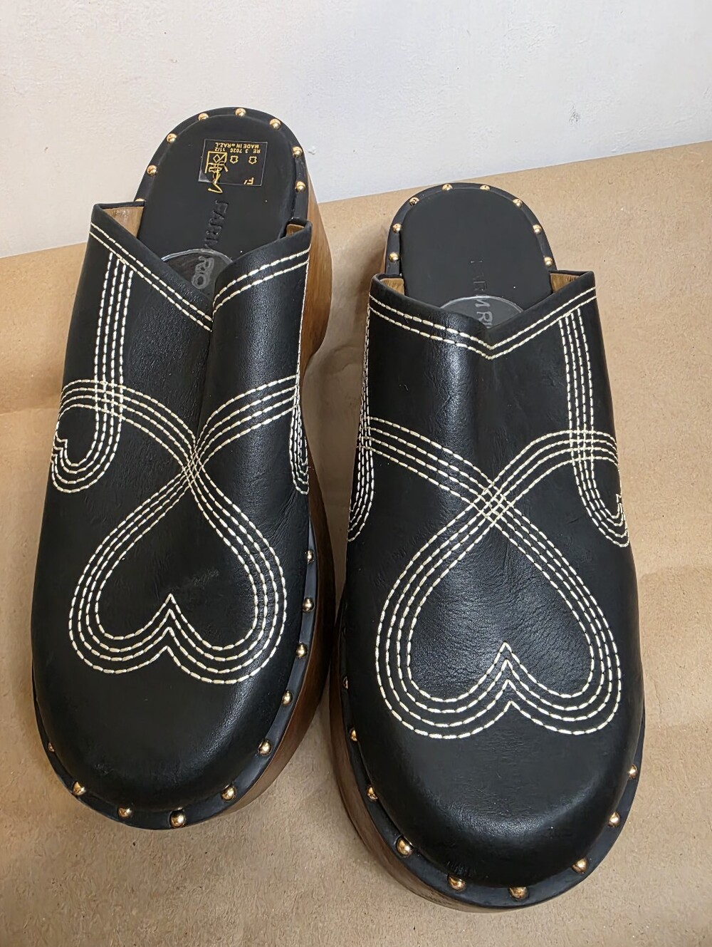 FARM Rio Black Leather Studded Clogs with White Stitching